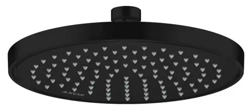 Schwarze Kopfbrause von AXOR mit runder Form und mehreren Wasserstrahlöffnungen, montierbar an Decke oder Wand.